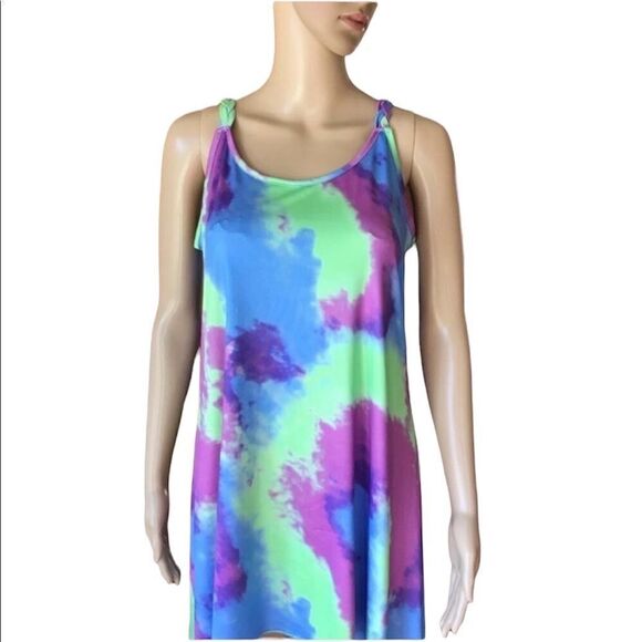 TIE dye mini sundress swim coverup high low NWOT - Picture 1 of 10